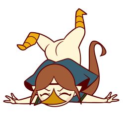 1girl ass beak blue_dress blush boots brown_hair closed_eyes clothes_lift dangerking11 dress dress_lift faceplant fallen_down headband loli long_hair medli nintendo no_panties orange_boots pointy_ears ponytail rito short_sleeves the_legend_of_zelda the_legend_of_zelda:_the_wind_waker upside-down white_background
