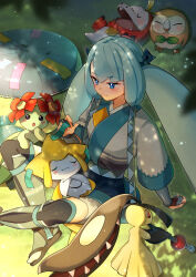 Rule 34 | 1girl, 5others, aqua hair, beak, bellossom, bird, black thighhighs, blue eyes, blush, breasts, closed eyes, closed mouth, crossed legs, flower head, fuecoco, gen 2 pokemon, gen 3 pokemon, gen 7 pokemon, hatsune miku, highres, japanese clothes, jirachi, kyashii (a3yu9mi), legendary pokemon, long hair, long sleeves, looking at viewer, mawile, medium breasts, multiple others, mythical pokemon, nintendo, official alternate costume, official alternate hairstyle, open mouth, owl, poke flute, pokemon, project voltage, rowlet, sandogasa, shade, sharp teeth, sleeping, smile, steel miku (project voltage), sweat, teeth, thighhighs, tree shade, twintails, very long hair, vocaloid