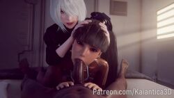 1boy 2b_(nier:automata) 2girls 3d animated assisted_fellatio black_hair dark-skinned_male dark_skin deepthroat eve_(stellar_blade) fellatio hand_on_another&#039;s_head kaiantica3d long_hair lying multiple_girls nier:automata nier_(series) on_back oral penis ponytail pov skin_suit_(stellar_blade) sound stellar_blade tagme uncensored video white_hair