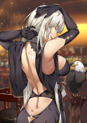 1girl ass ass_cutout azur_lane backless_dress backless_outfit bad_id bad_pixiv_id bald_eagle bar_(place) bare_shoulders bird black_dress black_gloves blurry blurry_background breasts butt_crack clothing_cutout club3 dress eagle elbow_gloves enterprise_(azur_lane) female_focus from_behind gloves hands_on_own_head highres indoors large_breasts long_hair looking_at_viewer o-ring open_mouth purple_eyes shoulder_blades silver_hair smile solo very_long_hair