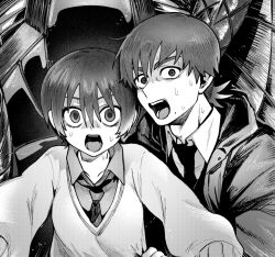 1boy 1girl amate_yuzuriha chainsaw_man character_request gundam gundam_gquuuuuux halftone meme monochrome necktie open_mouth power_crashes_kobeni&#039;s_car_(meme) shirt short_hair surprised sweater upper_body yamada_kou