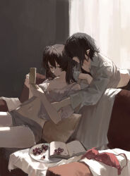 2girls absurdres babydoll black_hair book bra cellphone cherry closed_mouth collared_shirt commentary couch cushion flip_phone food fruit highres himekaidou_hatate holding holding_phone indoors long_sleeves medium_hair multiple_girls navel open_clothes open_shirt panties phone pointy_ears red_bra sawararado shameimaru_aya shirt short_hair sitting touhou twintails underwear unworn_bra white_shirt