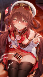 1boy 1girl absurdres blush breasts brown_hair censored chinese_clothes clothes_lift cum dress dress_lift ejaculation erection eyewear_on_head flower-shaped_pupils genshin_impact gluteal_fold grinding hair_between_eyes hat hetero highres hu_tao_(cherries_snow-laden)_(genshin_impact) hu_tao_(genshin_impact) jewelry lifting_own_clothes long_hair long_sleeves m-da_s-tarou navel official_alternate_costume open_mouth panties penis red_eyes ring round_eyewear small_breasts sunglasses symbol-shaped_pupils thigh_gap thigh_sex thighhighs thighs twintails underwear v