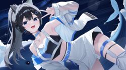 Rule 34 | 1girl, absurdres, ahoge, akaiv studio, animal ear headphones, animal ears, armpits, axent wear, bare shoulders, belt, black hair, black shirt, blue choker, blue eyes, cat ear headphones, chest harness, choker, crop top, dutch angle, fake animal ears, hand up, harness, headphones, high-waist skirt, highres, jacket, jewelry, long hair, long sleeves, looking at viewer, midriff, necklace, off shoulder, open clothes, open jacket, open mouth, ponytail, see-through clothes, see-through sleeves, sei (0724sei6), shirt, shorts, shorts under skirt, single thighhigh, skirt, sleeveless, sleeveless shirt, smile, solo, thigh belt, thigh strap, thighhighs, virtual youtuber, w, whale, white jacket, white skirt, yeorumi (vtuber)