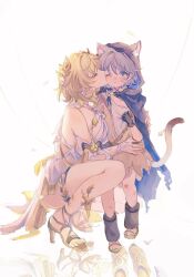 2girls aged_down aglaea_(honkai:_star_rail) ancient_greek_clothes animal_ear_fluff animal_ears animal_hood black_gloves black_hood blonde_hair blue_eyes breasts cat_ears cat_girl cat_hood cat_tail cipher_(honkai:_star_rail) commentary_request dress gloves greco-roman_clothes high_heel_sandals highres honkai:_star_rail honkai_(series) hood kiss kissing_cheek large_breasts laurel_crown multiple_girls one_eye_closed pe_eee00 rags sandals short_hair sideboob simple_background squatting tail toes white_background white_dress