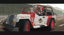 2girls arknights black_gloves black_jacket black_skirt breasts brown_hair closed_mouth cloud cloudy_sky commentary day driving fiammetta_(arknights) gloves high-waist_skirt highres holding jacket jurassic_park letterboxed long_hair medium_breasts military_jeep motor_vehicle muelsyse_(arknights) multiple_girls northkiyou open_clothes open_jacket orange_eyes outdoors pointy_ears puddle red_eyes red_hair shirt skirt sky water white_shirt