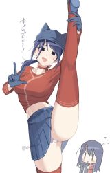 2girls animal_ear_headwear black_eyes blue_gloves blue_hair blue_skirt bow bow_choker breasts chibi choker cool_mita_(miside) fake_animal_ears flying_sweatdrops gloves hat highres kind_mita_(miside) long_sleeves looking_at_viewer low_ponytail medium_breasts midriff miniskirt miside mita_(miside) mmmmrr_k multiple_girls navel newsboy_cap open_mouth panties ponytail red_bow red_choker red_shirt red_thighhighs shirt skirt split standing standing_on_one_leg standing_split tattoo teardrop_facial_mark teardrop_tattoo thighhighs thighs translation_request underwear w white_panties