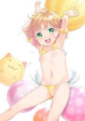 1girl arm_scrunchie armpits ball bikini blonde_hair exercise_ball flat_chest green_eyes hair_ornament highres kiya_shii loli micro_bikini nipples original pussy pussy_peek scrunchie side-tie_bikini_bottom solo star_(symbol) star_hair_ornament string_bikini swimsuit teeth upper_teeth_only yellow_bikini yellow_scrunchie