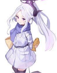 1girl alternate_costume belt black_belt black_halo black_horns black_thighhighs blue_archive blue_scarf cowboy_shot dot_nose dress food from_side ggab0621 grin halo high_ponytail highres hina_(blue_archive) holding holding_food horns long_hair long_sleeves looking_at_viewer parted_bangs pocket ponytail purple_eyes scarf simple_background smile solo taiyaki teeth thighhighs wagashi white_background white_dress white_hair winter_clothes