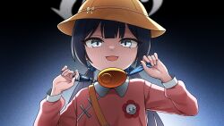 Rule 34 | 1girl, :d, absurdres, bag, black hair, blue archive, blush, cord pull, crime prevention buzzer, crime prevention buzzer threat, golmonggu, gradient background, grey eyes, hair bobbles, hair ornament, halo, hands up, hat, highres, kindergarten uniform, kisaki (blue archive), kisaki (kindergarten uniform) (blue archive), long hair, long sleeves, looking at viewer, low twintails, open mouth, school hat, shirt, shukusei!! loli-kami requiem, simple background, smile, solo, twintails, upper body, yellow hat