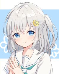 Rule 34 | 1girl, absurdres, aqua neckerchief, blue background, blue eyes, closed mouth, collarbone, commentary, crescent, crescent hair ornament, grey hair, hair ornament, hanazora satsuki, highres, letterboxed, looking at viewer, medium hair, neckerchief, one side up, original, outside border, own hands together, sailor collar, satsuki (hanazora satsuki), school uniform, serafuku, shirt, sidelocks, smile, solo, split mouth, star (symbol), star hair ornament, white sailor collar, white shirt