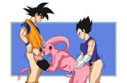 3boys anal ass black_hair blush colored_skin dragon_ball dragonball_z erection fellatio from_behind looking_back majin_buu majinbuusama male_focus multiple_boys muscular muscular_male nude oral penis pink_skin red_eyes sex son_goku spitroast super_buu trembling uncensored vegeta yaoi