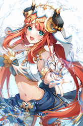 1girl :d aqua_eyes blue_nails blue_skirt bracer breasts circlet detached_sleeves floating_hair genshin_impact gold_trim happy harem_outfit heart highres horns hydrokinesis long_hair long_sleeves looking_at_viewer low_twintails medium_breasts nail_polish nilou_(genshin_impact) open_mouth parted_bangs prana_(prana12) puffy_long_sleeves puffy_sleeves red_hair sidelocks simple_background skirt smile solo twintails veil very_long_hair water white_background white_headwear