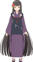 1girl anime_coloring black_hair blunt_bangs clenched_hand closed_mouth flower full_body futarishizukashi_(sasaki_to_p-chan) geta hair_flower hair_ornament japanese_clothes jitome kimono long_hair long_sleeves looking_at_viewer nakashiki_saori open_hand purple_kimono sasaki_to_p-chan sidelocks simple_background solo transparent_background very_long_hair wide_sleeves yellow_eyes