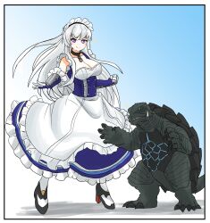 1girl 1other apron azur_lane belfast_(azur_lane) blue_eyes blush braid breasts broken chain cleavage collar collarbone crossover engi_(animation_studio) french_braid frilled_apron frilled_gloves frills gamera gamera_(series) gamera_-rebirth- gloves green_eyes highres ibuki_(tulta_icon) kadokawa kaiju large_breasts long_hair looking_at_viewer maid maid_headdress purple_eyes sharp_teeth smile teeth tortoise turtle turtle_shell white_gloves white_hair