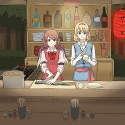 2girls alice_margatroid apron bottle chopsticks cooking cooking_pot daikon dishes eel female_focus food_stand forest grill kitchen_knife lantern multiple_girls mystia_lorelei nature paper_lantern radish sleeves_rolled_up torinone touhou wings