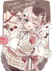 1girl ;d apron beret black_hat blue_eyes box braid brown_apron brown_hair brown_skirt capelet commentary_request dated envelope flower gift happy_valentine hat heart heart-shaped_box highres holding holding_gift long_sleeves looking_at_viewer one_eye_closed open_mouth original pink_flower pink_rose plaid_apron plaid_clothes puffy_long_sleeves puffy_sleeves rino_cnc rose shirt skirt smile solo tilted_headwear twitter_username valentine white_capelet white_shirt