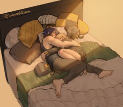 2boys aventurine_(honkai:_star_rail) barefoot bed black_male_underwear black_shirt blonde_hair blue_hair closed_eyes commentary cuddling dr._ratio_(honkai:_star_rail) english_commentary grey_pants havanillas honkai:_star_rail honkai_(series) hug knees_up lying male_focus male_underwear multiple_boys mutual_hug on_side pants parted_bangs pillow shirt short_hair single_bare_shoulder sleeveless sleeveless_shirt stuffed_toy sweatpants twitter_username underwear yaoi