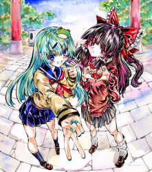 Rule 34 | 2girls, alternate costume, black skirt, blue eyes, blue sailor collar, blue skirt, blue socks, blush, bow, commentary request, double v, frilled bow, frilled hair tubes, frills, frog hair ornament, green hair, green nails, grin, hair bow, hair ornament, hair tubes, hakurei reimu, heart, heart hands, highres, kabaji, kochiya sanae, loafers, long hair, long sleeves, looking at viewer, multiple girls, neckerchief, outdoors, pleated skirt, red bow, red neckerchief, red sweater, sailor collar, sailor shirt, school uniform, shikishi, shirt, shoes, skirt, smile, snake hair ornament, socks, sweater, torii, touhou, traditional media, v, very long hair, white socks, yellow shirt