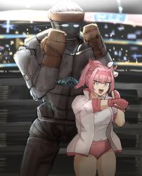 1girl 1other :d animal_ears atom_(real_steel) blue_eyes buruma clenched_hand commentary english_commentary fingerless_gloves gloves hands_up haru_urara_(umamusume) headband highres horse_ears horse_girl humanoid_robot indoors jacket littleclevie long_sleeves open_mouth outstretched_arms pink_hair pink_jacket popped_collar real_steel red_buruma red_gloves red_headband robot shirt smile stadium thighs umamusume v-shaped_eyebrows white_shirt