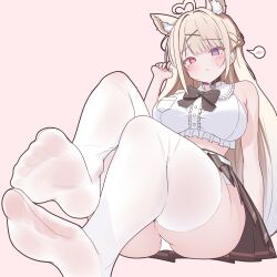1girl ahoge animal_ears ass blonde_hair blue_eyes blush bow bowtie braid breasts choker crop_top feet foot_focus foreshortening frills hair_ornament heart heart_choker heterochromia highres indie_virtual_youtuber large_breasts long_hair looking_at_viewer no_shoes panties pleated_skirt presenting_foot rapid17 red_eyes shirt simple_background sitting skirt soles solo spoken_blush thighhighs thighs toes underwear white_panties white_thighhighs x_hair_ornament
