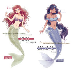 2girls aladdin_(movie) ariel_(disney) bare_shoulders black_hair blue_eyes brown_eyes dark-skinned_female dark_skin earrings highres jasmine_(disney) jewelry long_hair looking_at_viewer mermaid mizala monster_girl multiple_girls navel red_hair shell shell_pasties smile the_little_mermaid_(disney) very_long_hair
