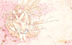 00s 1girl 58_(scbaby) barefoot blonde_hair brown_eyes chii chobits copyright_name female_focus flower hair_spread_out hair_tubes highres long_hair lying on_side panties petals robot_ears smile solo striped_clothes striped_panties toes underwear