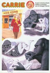 1boy 1girl :o ape ass blonde_hair breasts breasts_out clothes_pull english_text fangs giant giant_monster king_kong king_kong_(series) medium_breasts nipple_slip nipples open_mouth size_difference stripper thick_thighs thighs torn_clothes upskirt