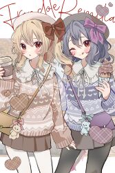 2girls :o ;q alternate_costume animal_print bad_source bag bat_print black_hat black_pantyhose black_skirt blonde_hair blue_bag blue_hair blue_sweater blush bow brown_skirt brown_sweater character_name charm_(object) cowboy_shot cup disposable_coffee_cup disposable_cup double-parted_bangs flandre_scarlet food hair_between_eyes hair_bow hat heart highres holding holding_cup holding_food holding_ice_cream holding_ice_cream_cone ice_cream ice_cream_cone long_hair long_sleeves looking_at_viewer multiple_girls one_eye_closed pantyhose pink_bow pleated_skirt purple_bag red_bow red_eyes remilia_scarlet shoulder_bag siblings sisters skirt sleeves_past_wrists sweater tamagogayu1998 tongue tongue_out touhou white_hat white_pantyhose
