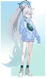 1girl absurdres alternate_costume alternate_hairstyle animal_ears antenna_hair blue_archive blue_eyes full_body grey_hair halo highres hood hooded_jacket jacket looking_at_viewer momip ponytail shiroko_(blue_archive) shiroko_terror_(blue_archive) solo standing wolf_ears