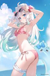 1girl adjusting_eyewear alternate_costume armpits arms_up ayamy bikini blue_eyes blush breasts choker cloud commentary cumulonimbus_cloud day english_commentary eyewear_on_head frilled_bikini frilled_thigh_strap frills gradient_hair green_hair hair_ornament hairclip highres indie_virtual_youtuber long_hair looking_at_viewer maid_headdress mint_fantome mole mole_on_ass mole_on_leg multicolored_hair navel ocean open_mouth outdoors pink_bikini pointy_ears side-tie_bikini_bottom small_breasts solo sunglasses swim_ring swimsuit thigh_strap triangular_headpiece two_side_up virtual_youtuber white_choker white_hair x_hair_ornament