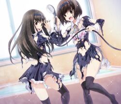1boy 1girl bath bathroom black_hair black_thighhighs blue_hairband blush bra brother_and_sister brown_eyes brown_hair chaos;child chaos;child_love_chu_chu!! clothing_request crossdressing disintegration dress frilled_dress frills game_cg gold_buttons hairband highres holding holding_shower_head indoors light_particles long_hair long_sleeves miniskirt multiple_girls navel non-web_source official_art open_mouth panties pink_bra pink_panties pinstripe_dress pinstripe_pattern sasaki_mutsumi short_hair shower_head showering siblings skirt striped_clothes striped_dress surprised tachibana_yui tachibana_yuuto teeth thick_thighs thighhighs thighs tongue torn_clothes underwear upper_teeth_only vertical-striped_clothes vertical-striped_dress wardrobe_malfunction washing_hair wet white_petticoat