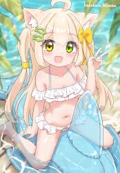 1girl ahoge animal_ear_fluff animal_ears artist_name barefoot bikini blonde_hair blurry blush bow cat_ears cat_girl depth_of_field detached_sleeves fish_hair_ornament frilled_bikini frills from_above green_eyes hair_bow hair_ornament hairpin hazakura_hinata heterochromia highres inflatable_dolphin inflatable_toy kurumi_(hazakura_hinata) long_hair navel open_mouth original partially_submerged sidelocks signature smile solo straddling swimsuit translucent v white_bikini yellow_bow yellow_eyes