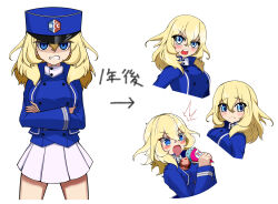 1girl ^^^ absurdres arrow_(symbol) bc_freedom_(emblem) bc_freedom_military_uniform blonde_hair blue_eyes blue_hat blue_jacket blue_vest blush commentary cowboy_shot cropped_torso crossed_arms dress_shirt emblem frown girls_und_panzer glaring grimace hat high_collar highres holding holding_ice_cream_cone ice_cream_cone jacket kepi long_sleeves looking_at_viewer medium_hair messy_hair military_hat military_uniform miniskirt multiple_views oshida_(girls_und_panzer) pleated_skirt shibainutank shirt simple_background skirt standing sweatdrop translated vest white_background white_shirt white_skirt