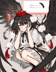 1girl black_bow black_bowtie black_hair black_skirt black_wings blush bow bowtie breasts closed_mouth collared_shirt commentary_request feathered_wings feathers frilled_skirt frills full_body grey_background hair_between_eyes hands_on_own_cheeks hands_on_own_face hat highres looking_at_viewer medium_breasts one_eye_closed pom_pom_(clothes) red_eyes red_hat shameimaru_aya shirt short_hair simple_background skirt smile solo soukou_(artist) squatting tokin_hat touhou translation_request white_shirt wings