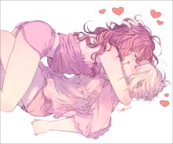 2girls amane_(7783) blonde_hair blush breasts brown_hair camisole closed_eyes commentary_request curly_hair hand_on_another&#039;s_head heart highres ichinose_shiki idolmaster idolmaster_cinderella_girls kiss large_breasts long_hair lying miyamoto_frederica multiple_girls on_back pajamas pink_shorts short_hair short_shorts shorts simple_background white_background yuri