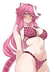 1girl absurdres animal_ears animal_print bare_shoulders blush bra breasts collarbone commentary english_commentary eyeshadow hair_intakes highres hololive hololive_english ivan_ramirez large_breasts leopard_print leopard_print_bra leopard_print_panties long_hair makeup multicolored_hair navel panther_ears panther_girl panther_tail panties pink_bra pink_eyeshadow pink_hair pink_panties raora_panthera shiny_skin shoulder_blush simple_background smile solo stomach streaked_hair tail thighs underwear virtual_youtuber white_background white_hair yellow_eyes