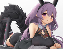 Rule 34 | 1girl, arknights, artist name, ass, asymmetrical legwear, bare shoulders, black dress, black hairband, black socks, black thighhighs, blush, breasts, closed mouth, dress, garter straps, hairband, horns, kneehighs, large breasts, legs up, long hair, long sleeves, looking at viewer, lying, off shoulder, on stomach, purple eyes, purple hair, simple background, single kneehigh, single sock, single thighhigh, smile, socks, solo, tail, thighhighs, typhon (arknights), very long hair, white background, yukidaruma718