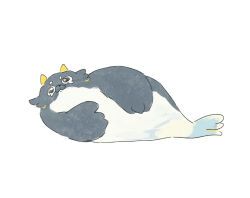 1other animal animal_focus bad_tag black_eyes blubber blubberbeast_(genshin_impact) fins fish_tail flippers genshin_impact grey_fur horns lying namawo no_humans seal_(animal) snout spotted_fur tail white_background white_fur yellow_horns
