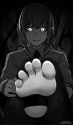 1girl artist_name blurry blurry_background braid braided_ponytail chainsaw_man collared_shirt feet foot_focus foot_out_of_frame foot_up foreshortening glowing glowing_eyes greyscale highres knees_together_feet_apart knees_up long_hair long_sleeves looking_at_viewer makima_(chainsaw_man) monochrome necktie no_shoes pantyhose presenting_foot rezodwel ringed_eyes shirt sidelocks sitting soles solo stirrup_legwear toeless_legwear toenails toes watermark web_address