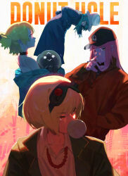 4girls ^_^ backlighting baseball_cap bead_necklace beads blonde_hair blowing_bubbles blue_coat camisole choker cigarette closed_eyes coat collared_shirt creature donut_hole_(vocaloid) goggles goggles_on_head green_eyes green_jacket grin gumi hand_in_pocket hands_in_pockets hat hatsune_miku highres jacket jewelry kagamine_rin long_hair long_sleeves looking_at_viewer looking_back megurine_luka multiple_girls musical_note necklace off_shoulder orange_jacket pink_hair raneblu shirt short_hair sideways_glance smile smoking song_name vocaloid white_hat white_shirt