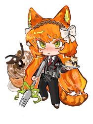 1girl :&lt; animal_ears black_jacket black_pants black_vest bow brown_hairband brown_shoes cake cake_slice cat_ears cat_girl cat_tail closed_mouth collared_shirt colored_eyelashes deformed food fork freckles green_eyes green_ribbon hair_bow hairband highres holding holding_fork holding_plate ishmael_(project_moon) jacket limbus_company long_hair long_sleeves looking_at_viewer necktie orange_hair pants plate project_moon red_necktie ribbon shirt shoes sidelocks simple_background solo tail very_long_hair vest white_background white_bow white_shirt wu_kai_zajiao_shiyan_shi