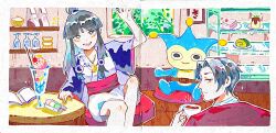 1boy 1girl ace_attorney ascot black_hair blazer blue_badger blue_eyes blunt_bangs bright_pupils cafe cake cake_slice cherry chinese_commentary closed_mouth commentary_request cup dango double-parted_bangs expressionless feet_out_of_frame flour food forehead from_behind fruit glass gradient_eyes grey_hair hair_bobbles hair_bun hair_ornament hand_on_table hand_up haori happy highres holding holding_cup ice_cream indoors jacket japanese_clothes jewelry kimono kimono_dress light_frown long_hair long_sidelocks long_sleeves looking_at_viewer looking_back magatama magatama_necklace maya_fey miles_edgeworth multicolored_eyes necklace notice_lines obi on_stool outline painting_(object) pink_sash plate pocky pudding purple_jacket red_jacket sanshoku_dango sanyue_bingbing sash short_hair short_kimono sidelocks single_hair_bun sitting sparkle steam sundae swiss_roll tea teacup thick_eyebrows traditional_media two-sided_sleeves upper_body wagashi white_ascot white_kimono white_outline white_pupils wide_sleeves window wooden_floor yellow_eyes