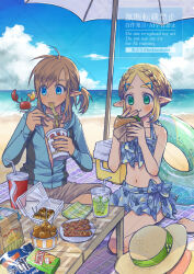 Rule 34 | 1boy, 1girl, alternate costume, beach, beach towel, beach umbrella, bikini, bikini skirt, blue bikini, blue eyes, blue jacket, blue sky, blush, braid, brown shorts, burger, commentary request, corn dog, crab, crown braid, cup, cup ramen, disposable cup, drinking straw, eating, food, fork, green eyes, green innertube, hat, highres, holding, holding burger, holding food, holding fork, horizon, innertube, jacket, link, maton (tranp), navel, nintendo, noodles, ocean, pointy ears, ponytail, shorts, sidelocks, sitting, sky, snack, solo, swim ring, swimsuit, table, the legend of zelda, the legend of zelda: tears of the kingdom, towel, triforce, umbrella, unworn hat, unworn headwear, watermark