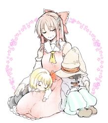 ascot black_mage_(final_fantasy) blue_coat bow closed_eyes coat crossover detached_sleeves final_fantasy final_fantasy_ix floral_background flower frilled_bow frilled_hair_tubes frills hair_bow hair_tubes hakurei_reimu hand_on_another&#039;s_waist hat japanese_clothes kuroneko_(44yen) lace-up lace-up_top lying_on_another pants pink_flower red_bow red_skirt ribbon-trimmed_sleeves ribbon_trim rumia seiza sitting skirt sleeping sleeping_on_person striped_clothes striped_pants touhou vivi_ornitier white_background wizard_hat yellow_ascot