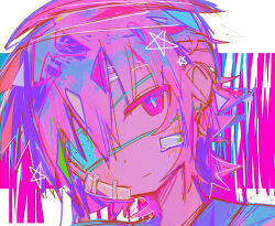 1boy bandaged_head bandages blue_shirt bright_pupils closed_mouth colorful commentary_request expressionless eyepatch gauze gauze_on_face highres male_focus medical_eyepatch original pink_eyes pink_hair portrait raito-kun_(uenomigi) shirt short_hair solo star_(symbol) uenomigi white_pupils