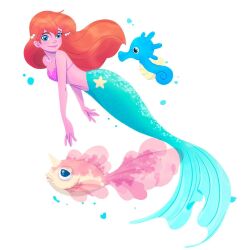 1girl artist_request bikini breasts earrings gen_1_pokemon goldeen green_eyes hair_ornament highres horsea jewelry long_hair looking_at_another mermaid mermaid_costume mermaid_misty_(pokemon) misty_(pokemon) monster_girl navel necklace nintendo orange_hair pokemon pokemon_(anime) pokemon_(classic_anime) seashell shell shell_bikini small_breasts source_request swimsuit