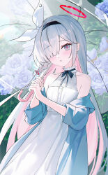 Rule 34 | 1girl, absurdres, alternate costume, black ribbon, blue archive, blush, braid, colored inner hair, commentary, dress, grey eyes, grey hair, hair over one eye, halo, highres, holding, holding umbrella, long hair, looking at viewer, multicolored hair, off shoulder, outdoors, parted lips, pink hair, plana (blue archive), red halo, red pupils, ribbon, sleeveless, sleeveless dress, solo, transparent, transparent umbrella, umbrella, usagi (786113654), very long hair