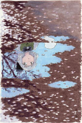 1girl blue_bow blue_bowtie blunt_bangs blunt_ends bob_cut bow bowtie cherry_blossoms collared_shirt commentary_request dot_nose eyebrows_hidden_by_hair ghost green_eyes green_vest highres konpaku_youmu konpaku_youmu_(ghost) leaf puddle reflection reflection_focus reflective_water shiratama_(hockey) shirt short_hair signature touhou traditional_media tree upper_body vest white_hair white_shirt