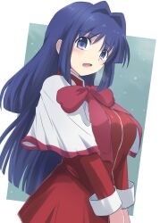 Rule 34 | 1girl, :d, blue eyes, blue hair, blunt ends, blush, bow, bowtie, breasts, capelet, commentary, cowboy shot, dress, eyes visible through hair, hair between eyes, hair intakes, highres, kanon, large breasts, lelie (lelie link), long hair, long sleeves, looking at viewer, minase nayuki, open mouth, red bow, red bowtie, red dress, school uniform, sidelocks, simple background, smile, solo, tareme, v arms, very long hair, white background, white capelet